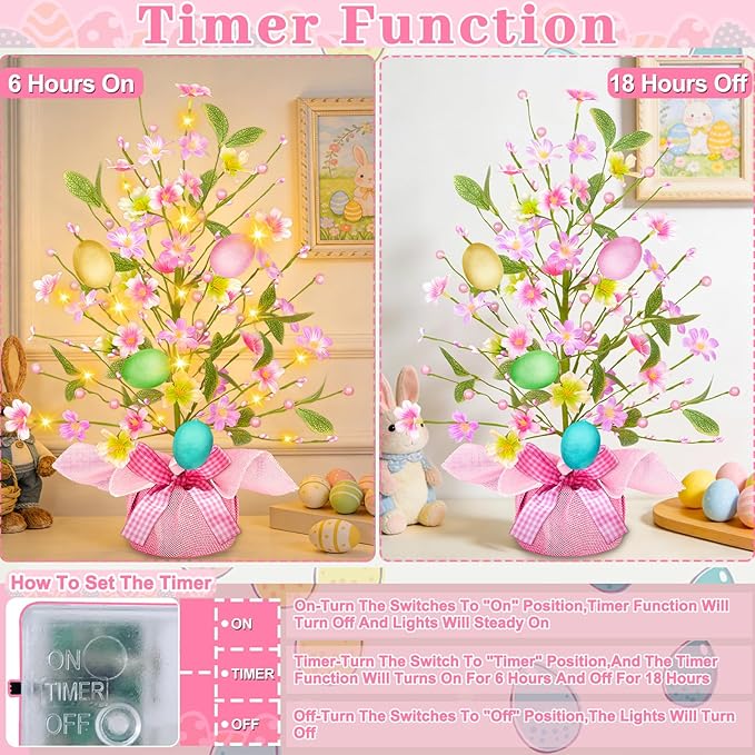 2 Pack & Timer - Easter Decorations, 21 Inch Easter Tree Tabletop with 20 Warm White Lights Battery Operated Large Colorful Eggs Colorful Berries Artificial Tree Easter Decor Spring Home Party