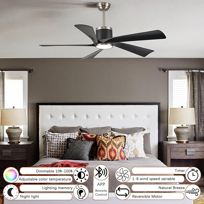 Ceiling Fans with Lights,52 inch Black Ceiling fan with App and Remote Control,Reversible modern DC ceiling fans,3CCT,Dimmable,Noiseless,Ceiling Fan for Bedroom,Living Room,Indoor/Outdoor Use