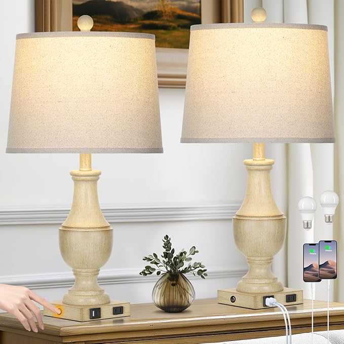 Farmhouse Vintage 3-Way Dimmable Table Lamp Set of 2 with USB A+C Charging Ports & AC Outlet, Rustic Mid Century Antique Traditional Bedside Lamps for Living Room Bedrooms Nightstand End Table White
