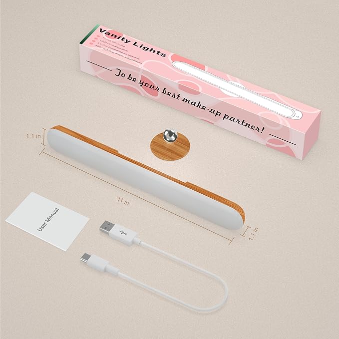 Vanity Light for Mirror with 4000mAh Rechargeable Battery, Touch Control Dimmable Makeup Light with 3 Color Modes, Magnetic 360° Adjustable LED Bathroom Mirror Light, Light Wood