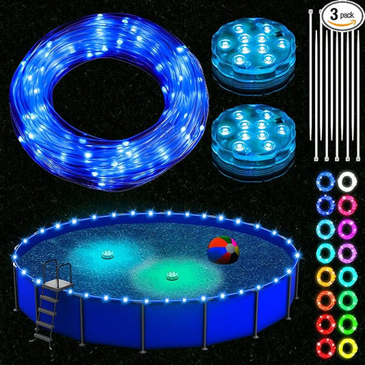 Pool LED Lights for Above Ground Pools 39.4ft Waterproof Remote Control Submersible LED Rim Lights with 2 Submersible Outdoor Rope Color Changing for Frame Pool Accessories, Trampoline Decor