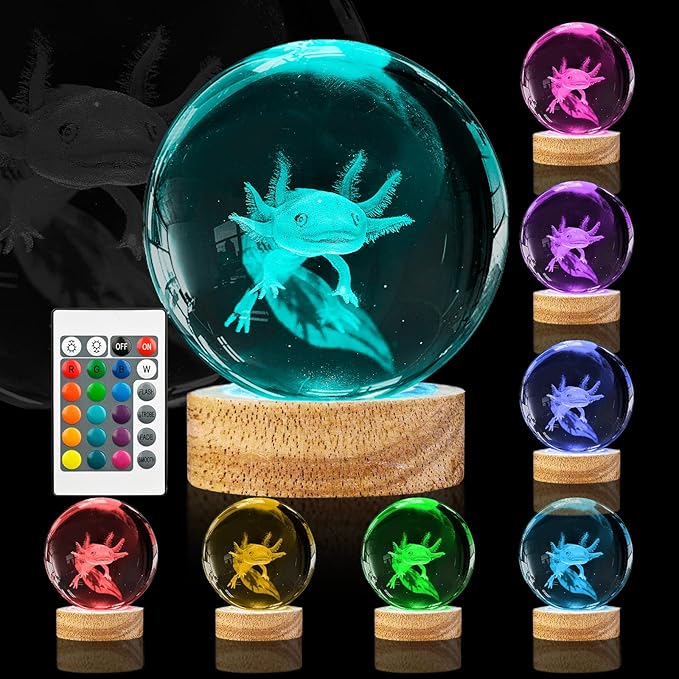3D Axolotl Crystal Ball Night Light 3.15 inch Axolotl Glass Ball Lamp with 16 Color Changing Wooden Base and Remote Axolotl Ideal Gifts for Kids Friends Birthday Christmas Room Decor Axolotl Toys