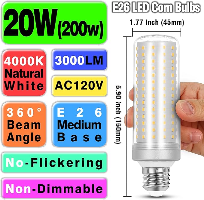 1.77x 5.9 inch,E26 E27 LED Corn Light Bulb 200W Replacement 3000 lm 4000K Natural White,20W E26 Medium Base Non-dimmable Candelabra Ceiling Fan Corn Lighting for Home Garage Warehouse Corn Bulbs,4Pack