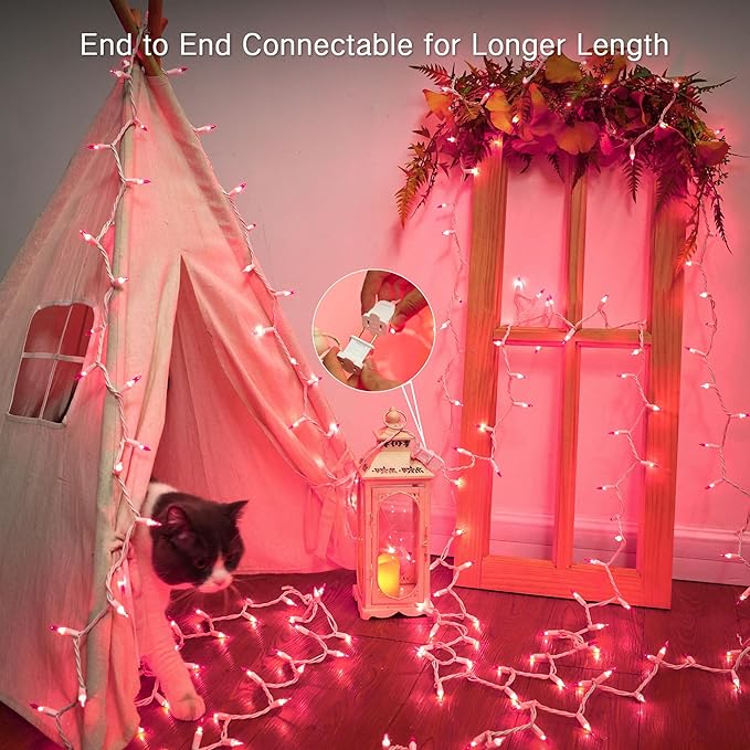Brizled Pink Valentine Lights,300 Count 69.6ft Incandescent Pink Lights, Connectable Indoor String Light White Wire, UL Certificated Mini Christmas Tree Light for Bedroom Wedding Birthday Xmas Decor