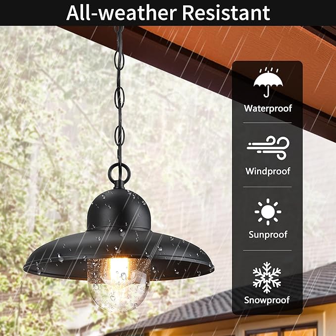 Outdoor Pendant Lights for Porch 12", Outdoor Farmhouse Hanging Light Fixture with Adjustable Chain and Bubble Glass, Black Rustic Exterior Pendant Light for Front Door, Gazebo, Entryway, Patio
