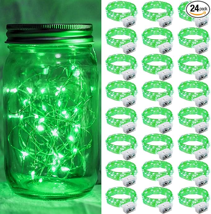24 Pack Green Fairy Lights 7Ft 20 LED Twinkle String Lights 3 Modes Battery Operated Waterproof Firefly Starry for Mason Jar Table Centerpieces Halloween Christmas St. Patrick's Day