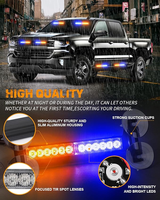 XRIDONSEN 2x 10.7 inch Amber Blue Emergency Lights 24 LED Warning Flashing Safety Dash Side Window Front/Rear Windshield Strobe Lights Traffic Advisor Bar for Tow/Plow Trucks Construction Vehicles