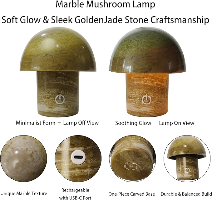 Natural Stone Mushroom Lamp - Jade Gemstone Night Light with LED, Touch Control 3 Brightness, USB Rechargeable Bedside Table Decor Gift