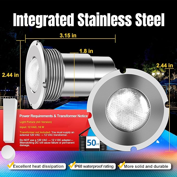 Pool Lights for Inground Pool, 1.5 Inch LED Color Inground Pool & Spa Light, IP68 Waterproof Nicheless Pool Lights, AC12V, 50 ft Cord, Remote Control (Controller Not Supported)