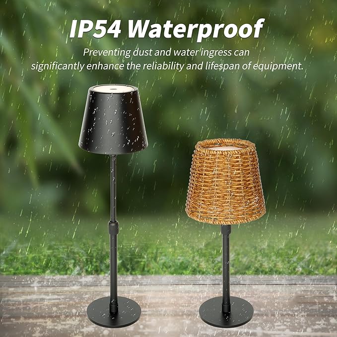 Mr.White Outdoor Waterproof Rechargeable Cordless Table Lamp with Telescopic Pole & Wicker Shade, 5200mAh Battery Operated Table Light with Touch Control, for Patio Restaurant Kitchen (Black)
