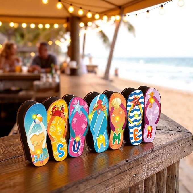 Yousoontic Summer Beach Flip Flop Table Centerpiece Decor - 3D Wooden Slippers Sign with LED Lights, Hawaii Luau Tropical Decor for Home Mantel, Desk & Party