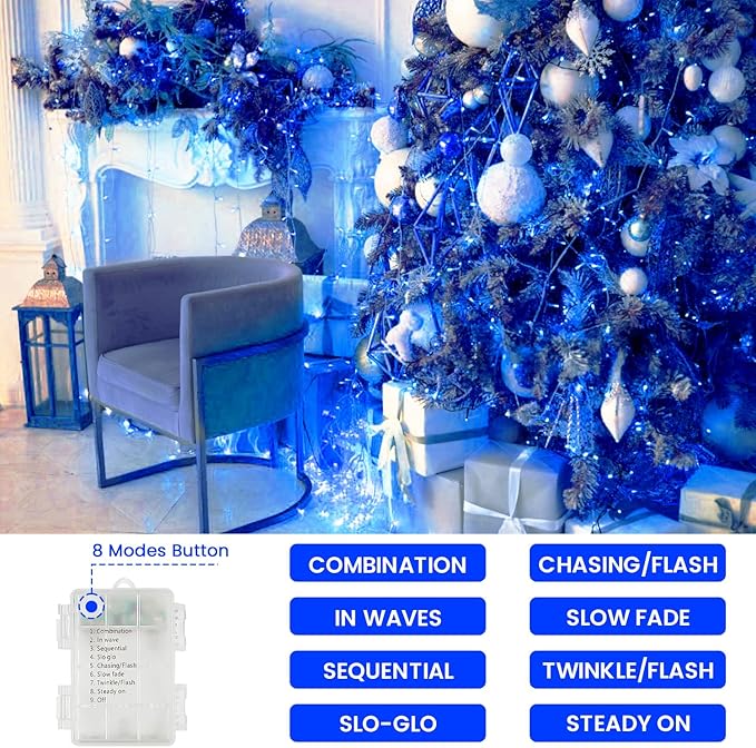 2 Pack Christmas String Lights Battery Operated with Timer, 66FT 200 LED Waterproof Twinkle Lights, 8 Modes Fairy Light for Indoor and Outdoor Bedroom Garland Tree Christmas Decorations (Blue)