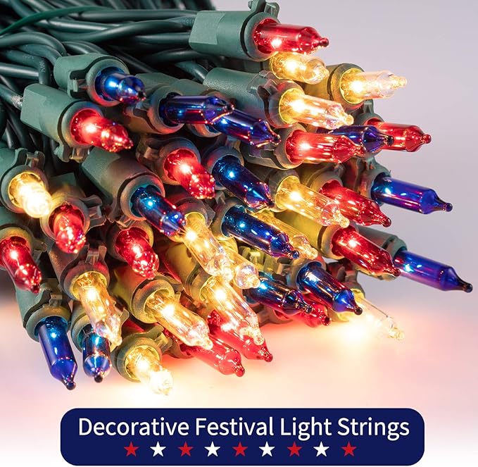 Minetom Red White Blue Christmas Lights Green Wire - 100 Count 4th July Decoration Patriotic Mini String Lights Waterproof for Indoor Outdoor Xmas Holiday Party Patio Independence Day Decoration