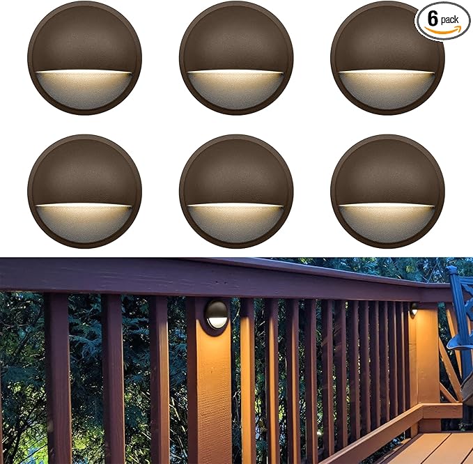 GKOLED Low Voltage LED Deck Lights, Outdoor Post Railing Lighting, Landscape 12V Fence Step Fixture Lights, UL Listed, Brown 3000K, 6 Pack