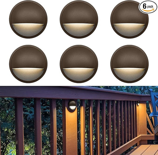 GKOLED Low Voltage LED Deck Lights, Outdoor Post Railing Lighting, Landscape 12V Fence Step Fixture Lights, UL Listed, Brown 3000K, 6 Pack