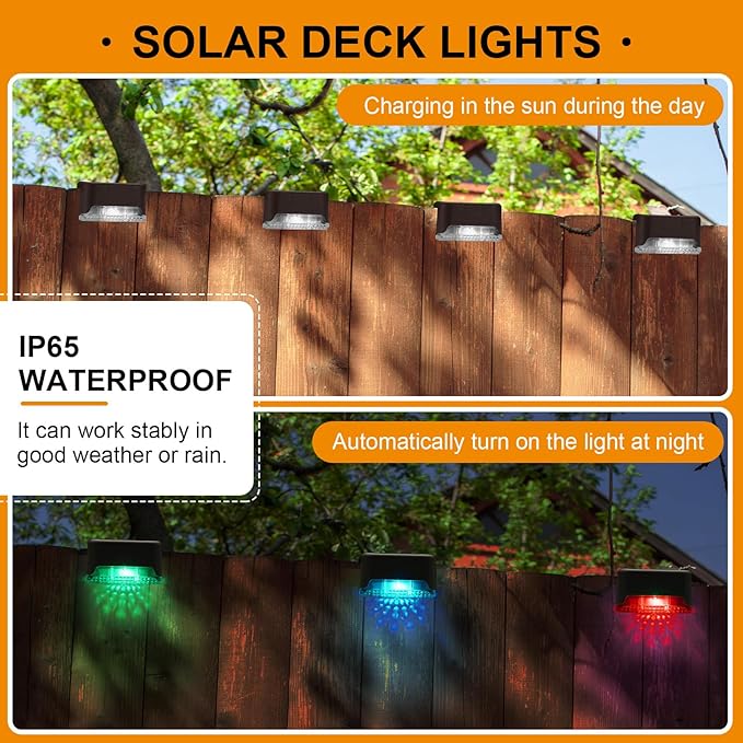 Geelin 32 Pcs Solar Deck Lights Outdoor, Waterproof LED Solar Step Fence Lights for Stairs, Step, Railing, Patio, Driveway, Garden, Pathway and Yard(Brown Shell Multicolor Light)