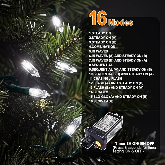 LAMPHOME White Christmas Mini Lights, 32.5FT 100 LED Clear Bulbs String Lights with 16 Light Modes, Fairy Lights Plug in for Outdoor Xmas Trees Garland Wreath Holiday Decorations