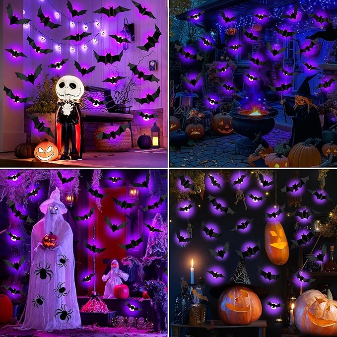 36 PCS LED Purple Lighted 3D Bats Halloween Decoration, 5 Sizes & 4 Shapes Removable PVC Bats Sticker, Waterproof Halloween Bat Wall Decor for Home Indoor Outdoor Bedroom Window Door Wall Party Decor