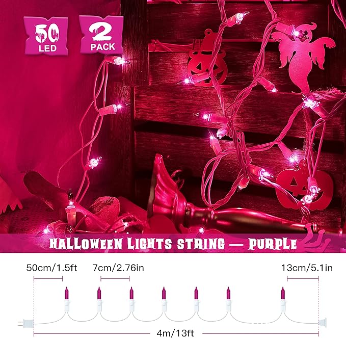 Hopolon 2PACK 50-Count Pink Purple Lights with White Wire,13ft Romantic Mini Lights, Incandescent String Lights for Halloween, Christmas Tree, Holiday, Xmas, Party Indoor & Outdoor Use(Pink Purple)