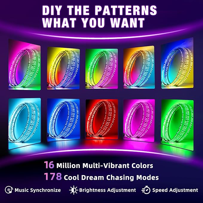 Tavaray 4PCS 14" RGB LED Wheel Ring Lights with APP & Remote Control, 178+DIY Dynamic Modes w/Turn Signal Braking and Reverse Function, IP67 Waterproof Wheel Lights for Trucks Pickups Cars Offroad