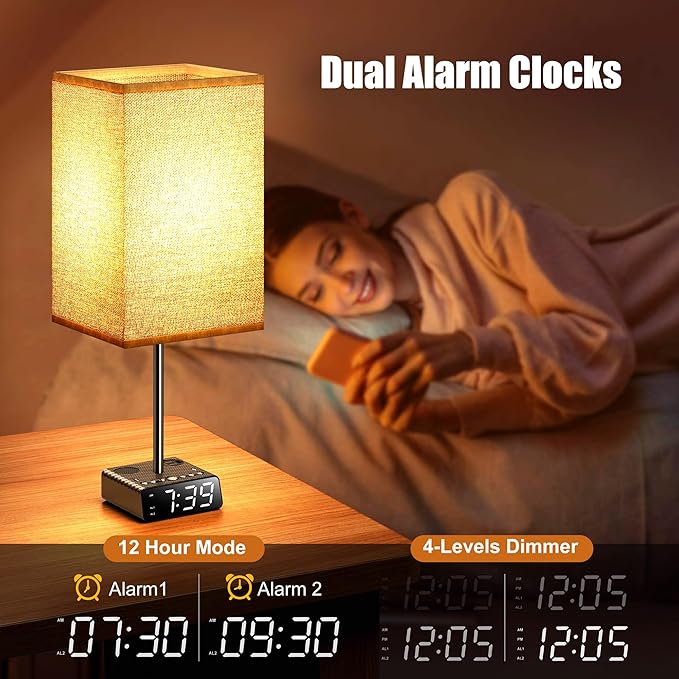 Yostyle Table Lamp with Alarm Clock Base, Bedside Lamp,2 USB & 1 AC Power Outlets, FM Radio & Speaker 6Ft Extension Cord - Square Black Fabric Lampshade,Touch Control Ideal for Bedrooms Living Rooms