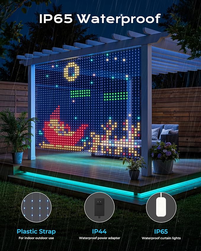 1040 RGBIC LEDs Smart Curtain Lights with DIY GIF, 9.8x6.6ft Color Changing Christmas Wall Lightss with APP, IP65 Waterproof String Fairy Lightss for Indoor Outdoor Bedroom Window Garage