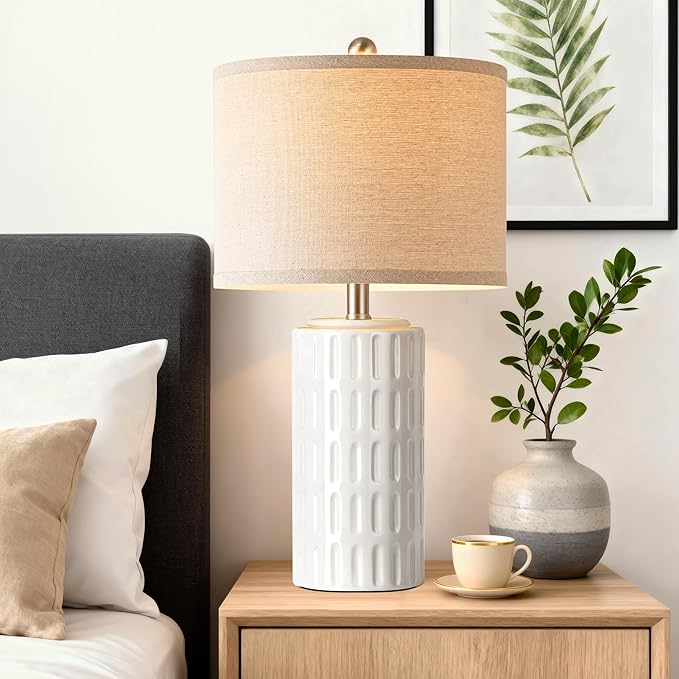 PARTPHONER 23" Farmhouse Modern Ceramic Table Lamp Set of 2 - White Bedside Lamps for Bedroom & Living Room, Nightstand, Desk, End Table