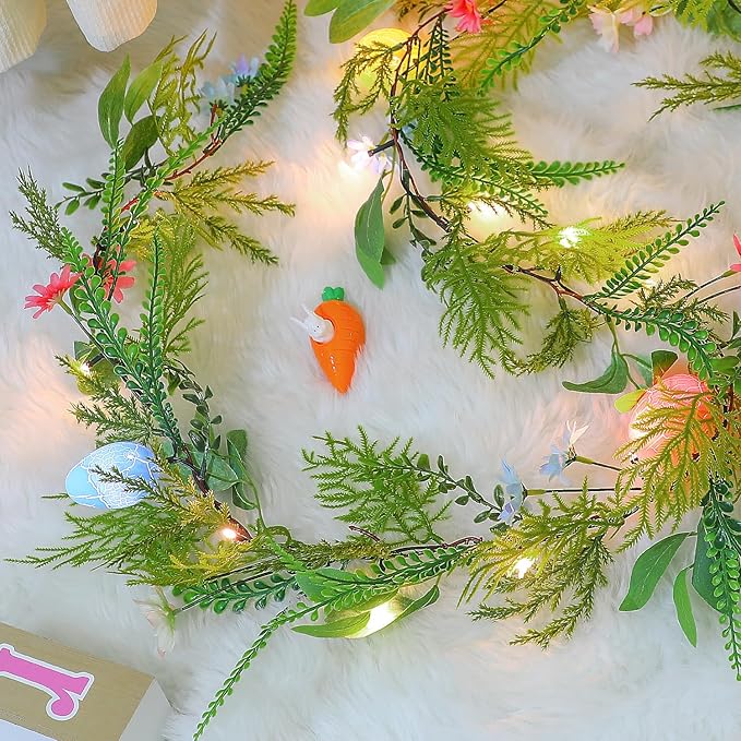 CCINEE 6 FT Lighted Easter Garland, 20 LED Lights Artificial Garlands with Easter Colored Egg and Pink Flowers Faux Branches for Easter Spring Holiday Parties Mantle Fireplace Indoor Home Decoration