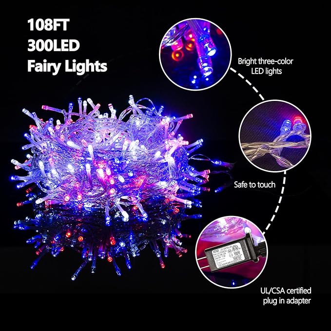 ILLUMINEW 4th of July Decorations 300 LED Red White and Blue String Lights Plug-in, 8 Modes 108ft Independence Day Fairy Lights for Patriotic Party Decor Indoor Outdoor