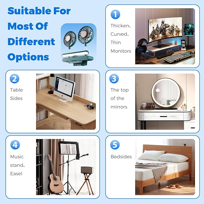 Reading stand Lamp Light Bar with Fan Two-Head Personal Cooling Quiet USB Fan Flip-Open light, Level 3 brightness 3 Wind Speed for Working/Self Broadcasting (Forest Green)