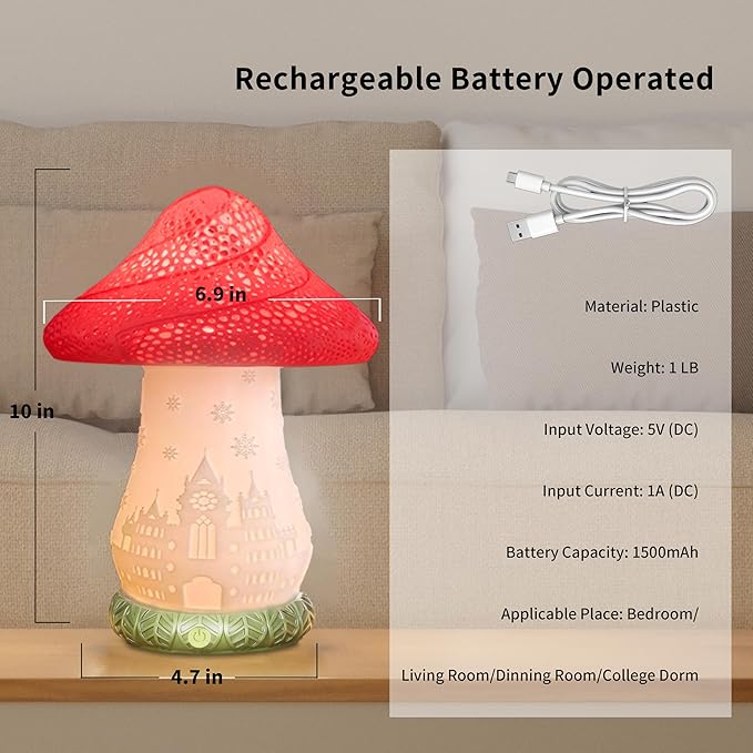 Mushroom Lamp, Battery Operated Bedside Lamp, 3-Way Dimmable Touch Lamp, Auto-Rotating Rechargeable LED Night Light for Bedroom, Living Room