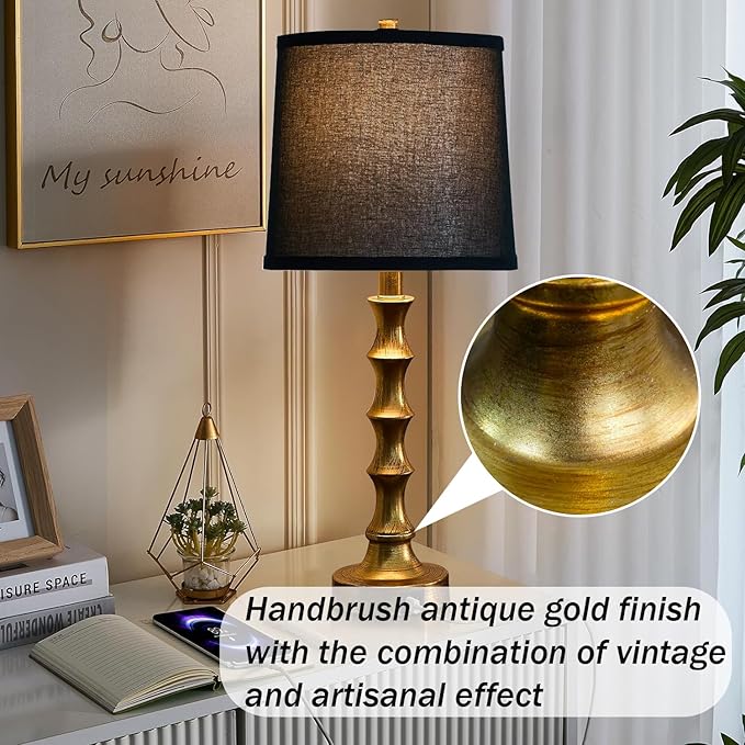 Gold Table Lamp 24" Nightstand Lamps Set of 2 Bamboo Shape Base Metal Desk Lamps with Linen Black Shade Modern Bedside Nightlight with USB A+C Ports Rustic Table Lamp for Farmhouse Dining Room