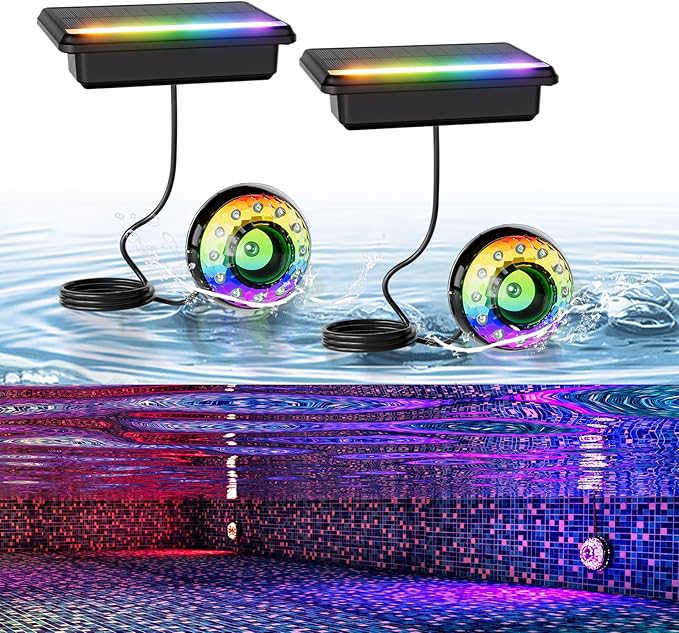 Solar Pool Lights, Submersible LED Pool Light with Remote, Underwater IP68 Waterproof, Dimmable 16 Colors Swimming Pool Lighting, 2 Pack
