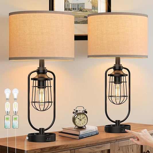 24" Farmhouse Table Lamps for Living Room Set of 2, Black Rustic Lamps for Night Stands with USB Ports, Industrial Bedside Lamp for Bedroom End Tables, Bulbs Included