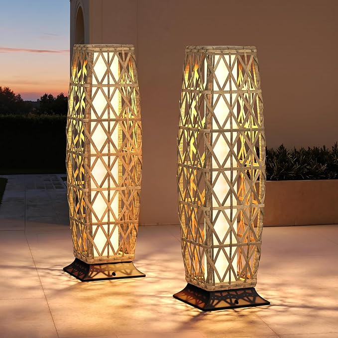 Grand patio Outdoor Floor Lamp Solar Lantern, Water-Resistant Natural Wicker Boho Patio Light with 50/100 Lumens Dual Brightness & Memory Mode for Garden Porch Deck Decor, Large Cindy Natural