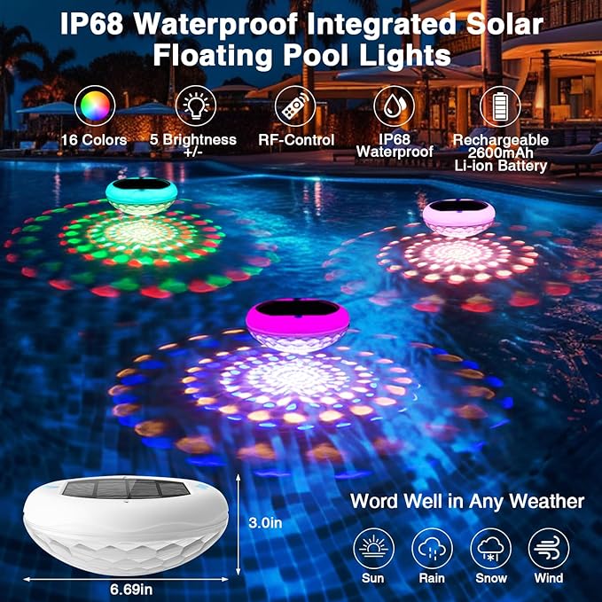 Pool Lights(1 PCS), Solar USB Rechargeable Floating Pool Lights, 6.69 Inch 2600mAh IP68 Waterproof 6 Dynamic Modes Upper and Lower Color Changing Hangable Solar Floating Light for Pools 1 PCS