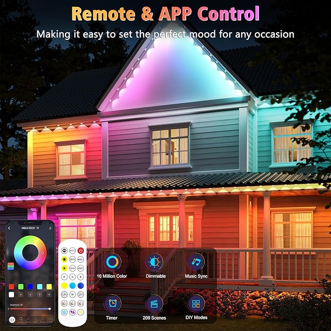 200FT Permanent Outdoor Lights, 120 LED Smart RGB Built in Chip Outdoor Eave Lights with App/Remote Control, 209 Scene Modes, IP67 Waterproof Outside Light for House Party Christmas Decor