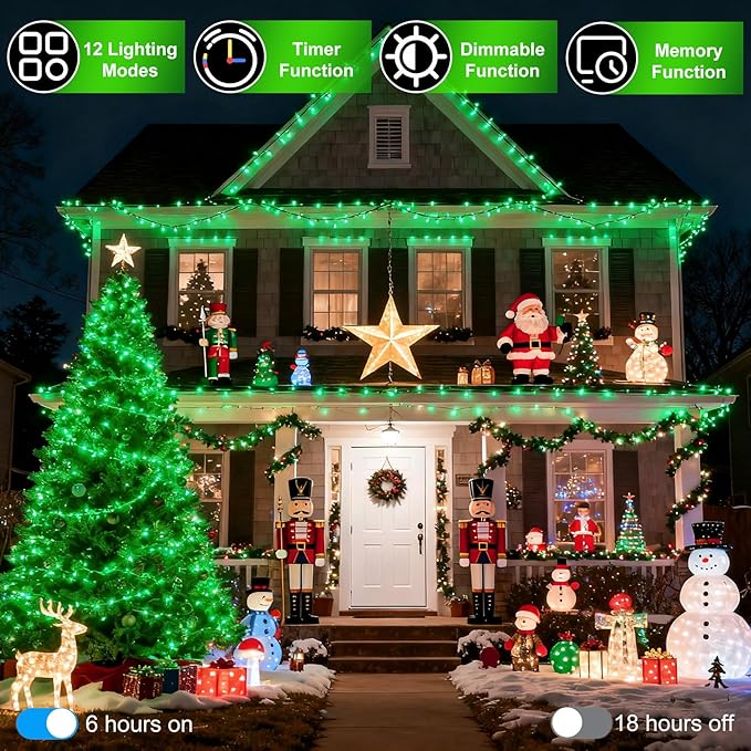 750 LED 256FT Christmas String Lights Outdoor, Christmas Light with 8 Lighting Modes& Timer & Memory, Plug in Outdoor Waterproof Clear Wire Twinkle Light for for Xmas Yard Tree Party Decor Green