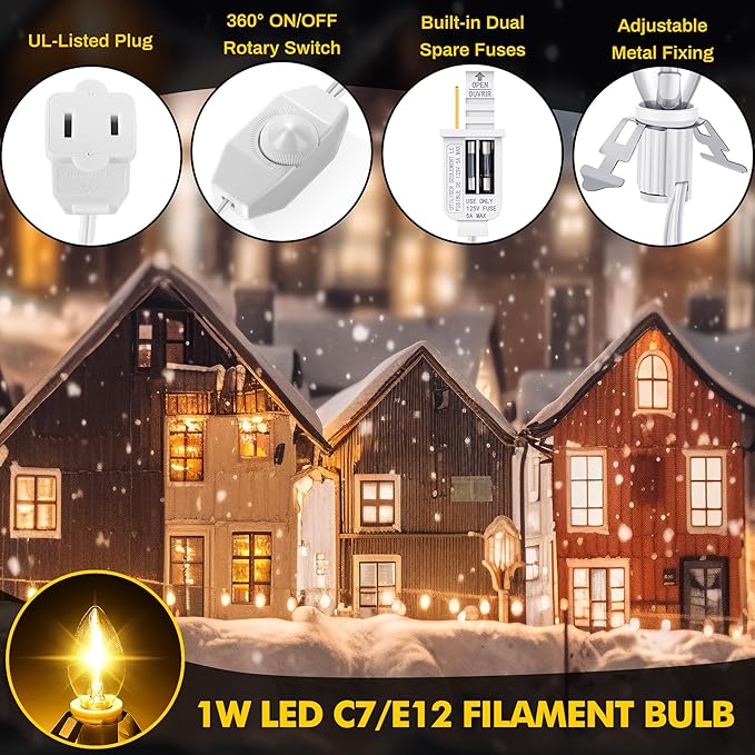 Meonum 2 Pack Christmas Village Lights with 4 LED Light Bulbs, 12 Ft Blow Mold Light with C7 Lamp, Rotary On/Off, Female/Male Plugs, Spare Fuses, Accessary Cord for Halloween Christmas Village House