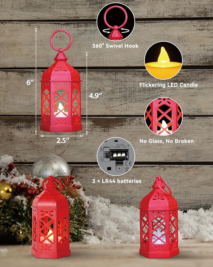12-Pack Mini Lanterns for Ramadan, Christmas, Small Decorative Lanterns with Flickering LED Candle for Enchanted Forest Wedding Decor, Moroccan Lantern for Table Centerpiece & Ornament, Red