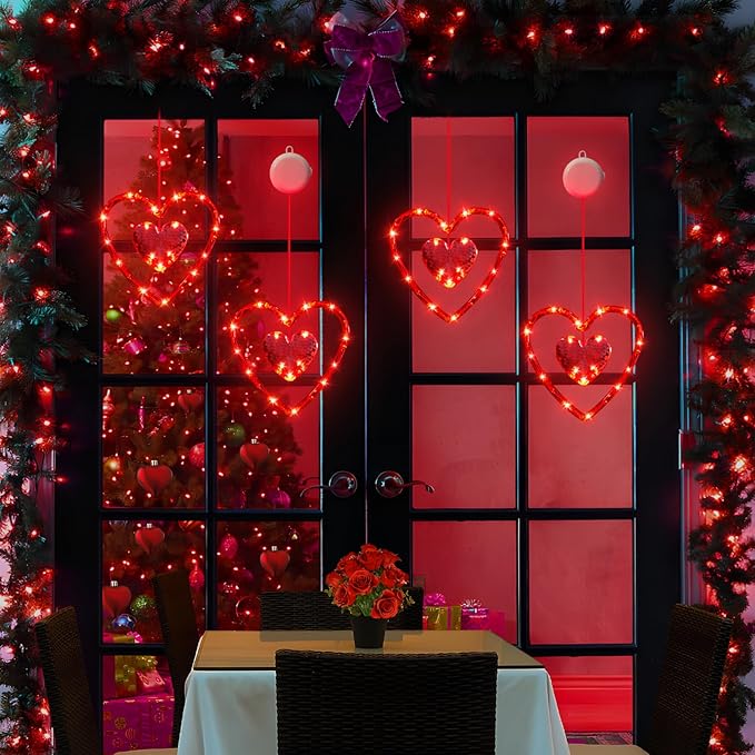 3 Pack Valentines Day Window Lights Decorations with Timer, Battery Powered Hanging Red Lighted Heart Shaped Silhouette Sucker LED Lamp for Fireplace Indoor Home Decor
