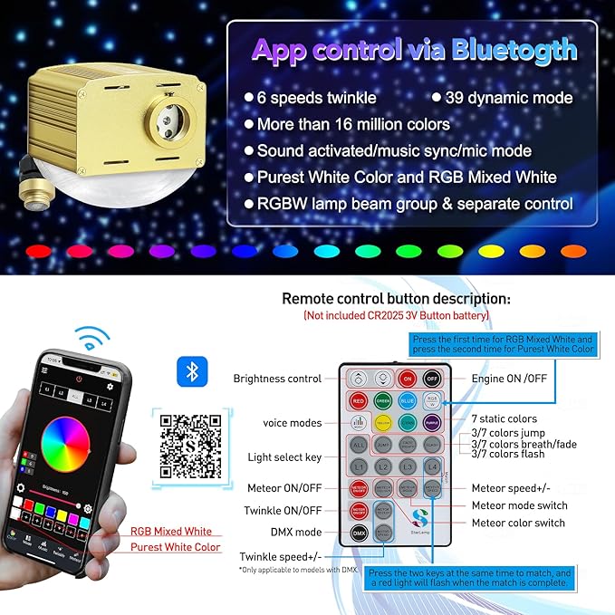 Twinkle Car Starlight Headliner Kit, RGBW 16W 200pcs*0.03in*9.8ft Fiber Optic Star Roof Lights with APP& Remote Controlled, Sound Activated Ceiling Star Lights for Home/Car Decor