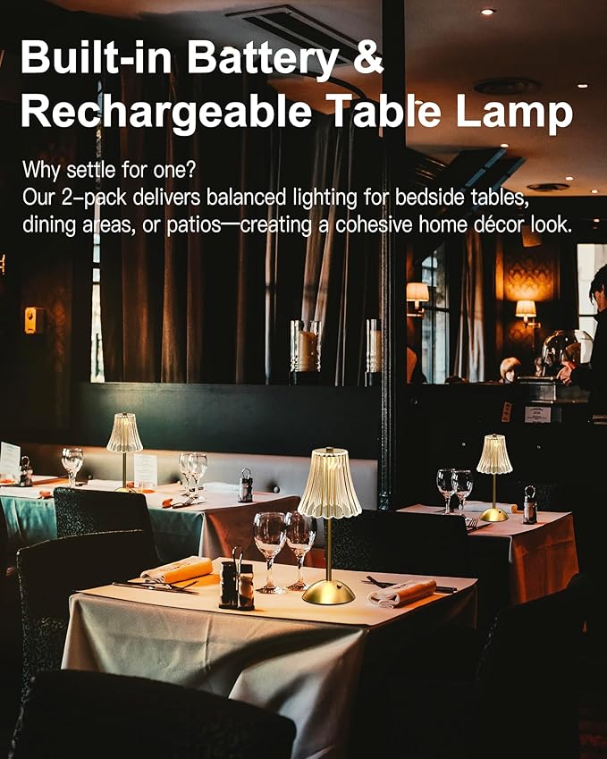 Gold Rechargeable Table Lamp [2 Pack], Cordless Touch LED Bedside Lamp with 3 Color Modes, USB Dimmable