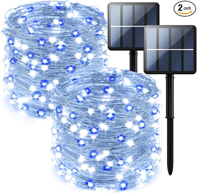 2-Pack 200 LED Solar Fairy Lights Outdoor, Upgraded Oversize Lamp Beads & Super Bright Solar String Lights Outoor, 8 Modes Solar Lights for Garden Patio Decorations（Blue&White）