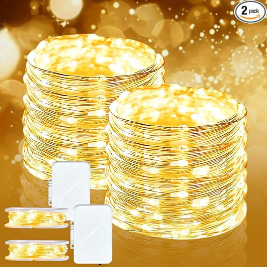 LED Fairy Lights Battery Operated 2Pack, Warm White String Lights 16FT 50LED Silver Wire String Light Indoor Outdoor Waterproof Cuttable Starry Fairy Light for Bedroom Easter Halloween Christmas Decor