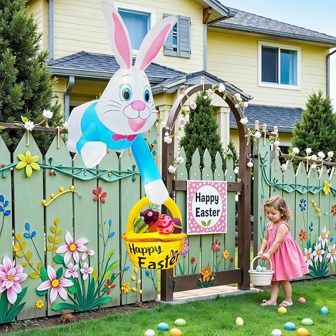 8FT Climbing Easter Inflatables Outdoor Decorations Blue Inflatable Bunny Eggs Decor with LED, Easter Blow Ups for Outside Roof Yard Shop Fence