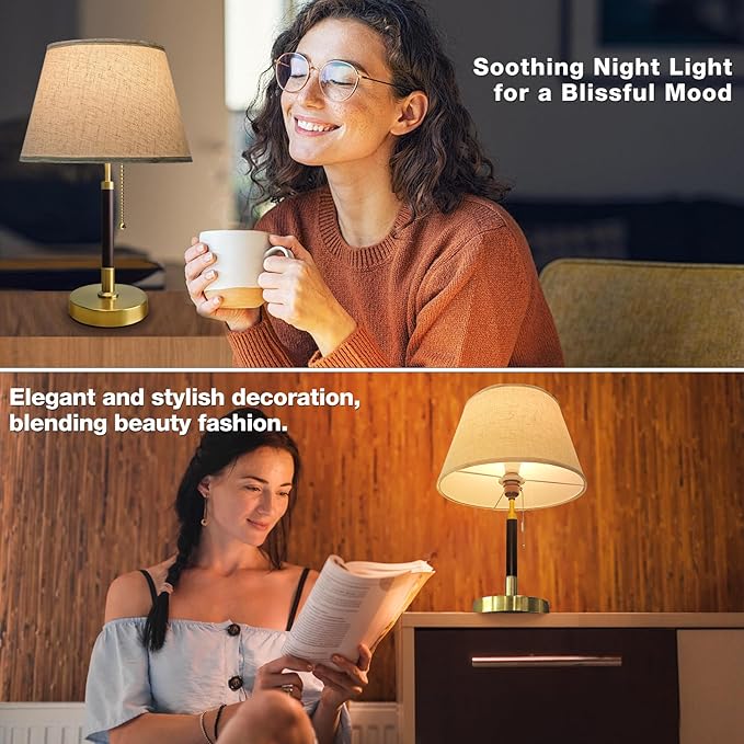 QUIGO Bedside Table Lamp for Bedroom Living Room,3 Color Temperature,Bedside Lamps for Nightstand with Linen Lampshade,Solid Wood & Brass,Modern End Table Lamp,Led Side Table Desk Lamp Vintage BW03T