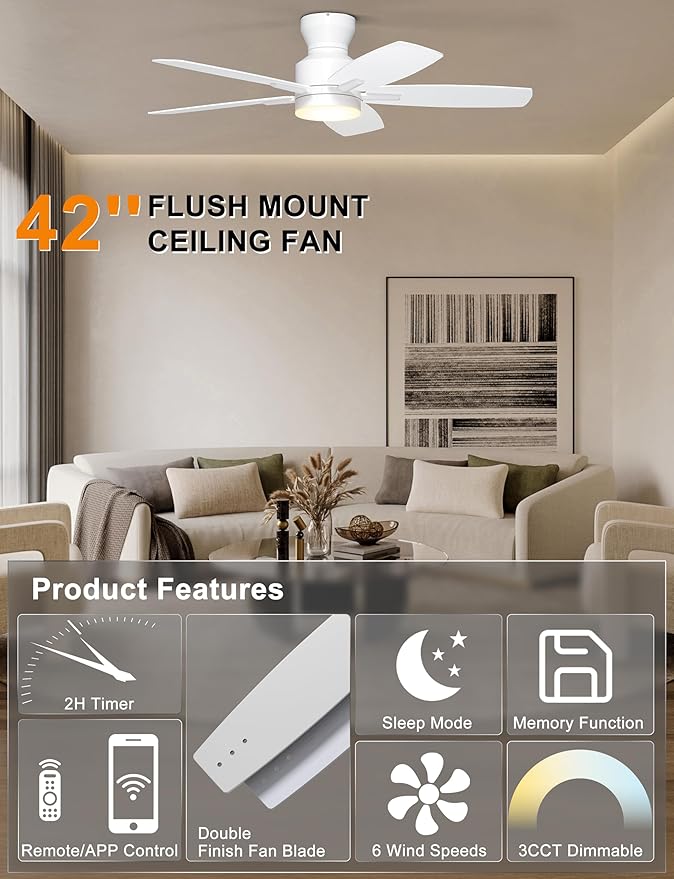 Ohniyou Ceiling Fans with Lights, 42'' Low Profile Ceiling Fan with Light and Remote/APP Control, Modern Flush Mount Ceiling Fan for Indoor Bedroom Kitchen, Dimmable, Qiuet DC Motor, White
