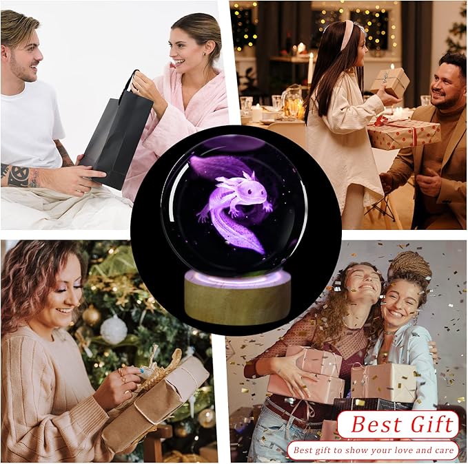 3D Axolotl Crystal Ball Night Light with 16 Color LED Wooden Base, Premium 2.4 Inch Axolotl Glass Ball Lamps with Remote for Birthday Holiday, Cool Axolotl Toy Decor Gifts for Boys Girls Kids