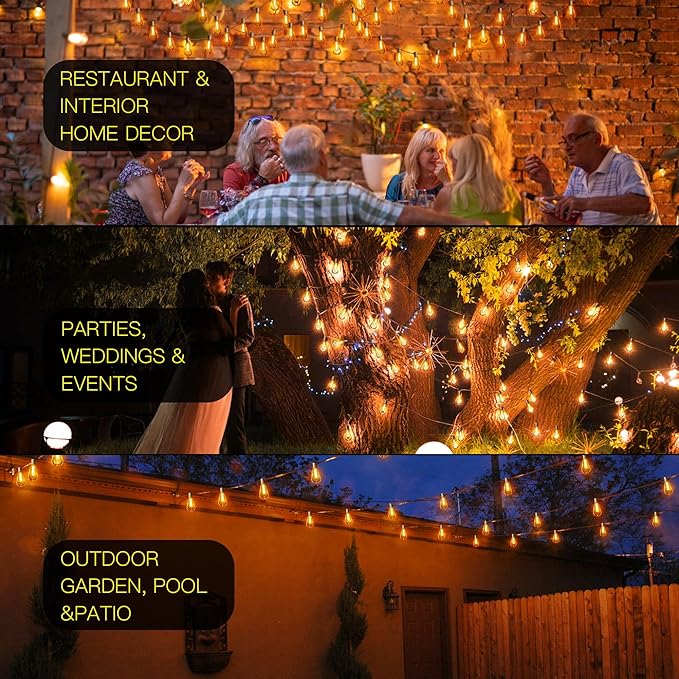 OHLUX Outdoor Light String, 30FT Dimmable Outdoor String Lights with 17 Shatterproof ST38 LED Vintage Edison Bulbs,2200K Connectable Hanging Lights for Deck Porch Bistro Gazebos Balcony Garden